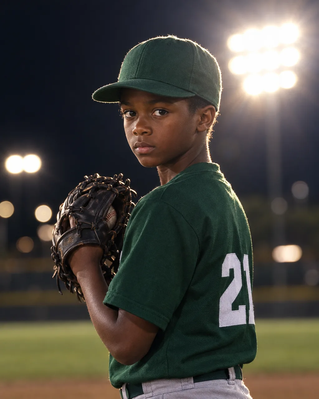 Portrait of the same pitcher in a green uniform under bright stadium lights