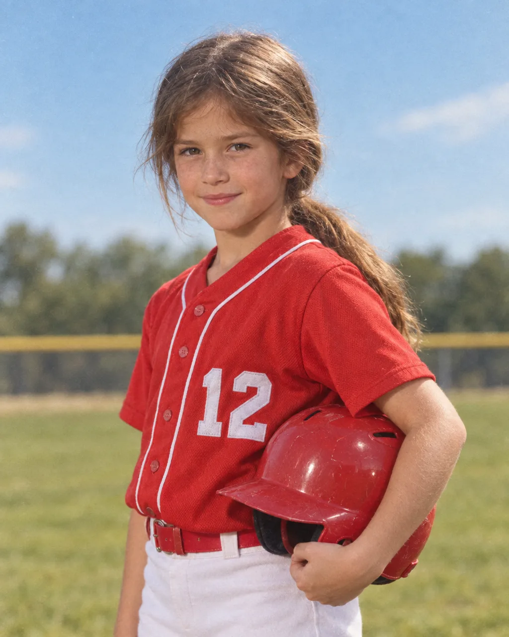 Portrait of the same girl holding her red batting helmet, in warm vintage film color