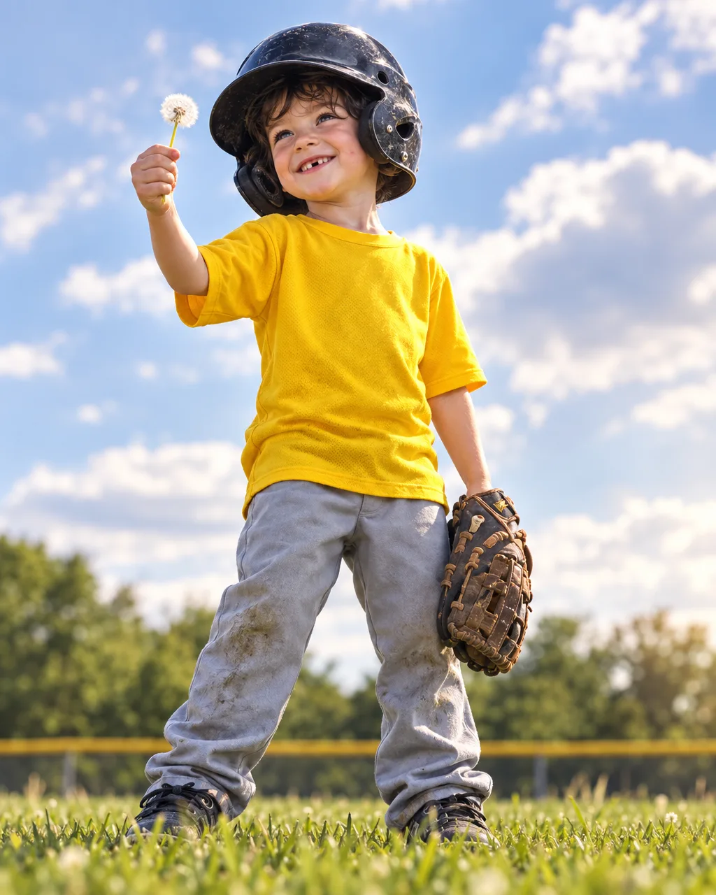 Portrait of the same boy grinning under a big sky, holding up a dandelion